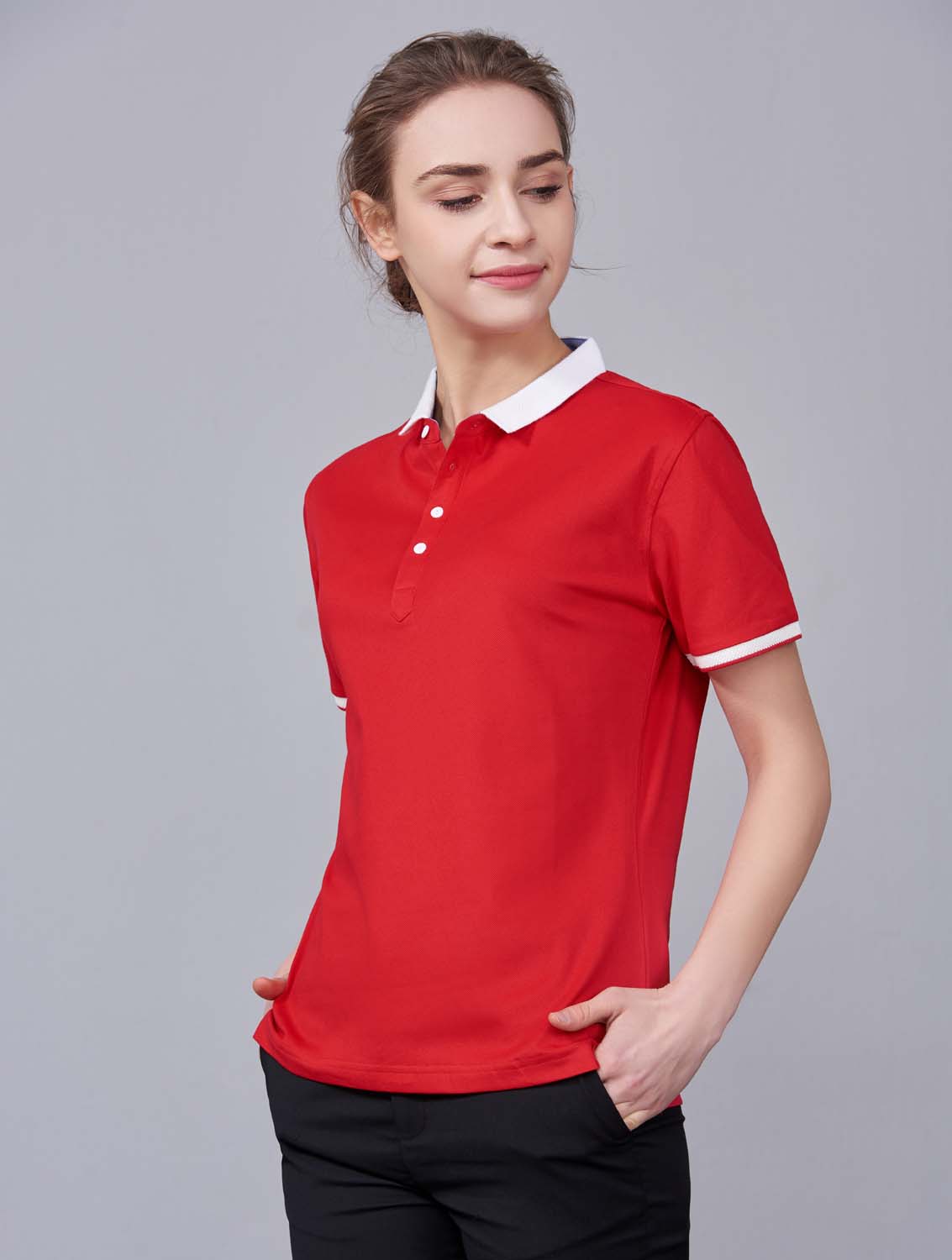 夏季紅色男女同款滌棉短袖翻領(lǐng)時(shí)尚休閑T恤衫/馬球衫-85651#