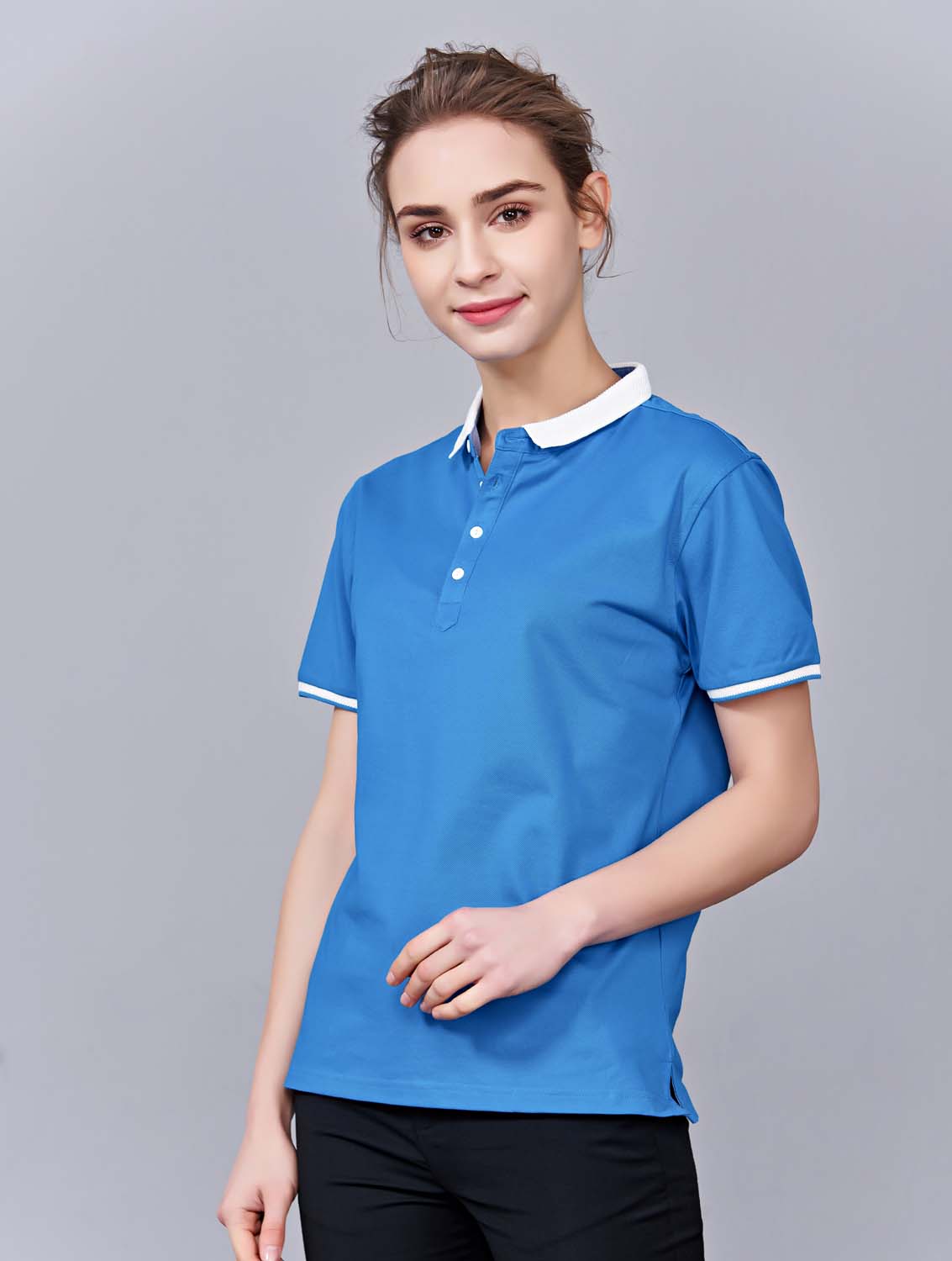 夏季湖藍(lán)色男女同款滌棉短袖翻領(lǐng)時尚休閑T恤衫/馬球衫-85651#