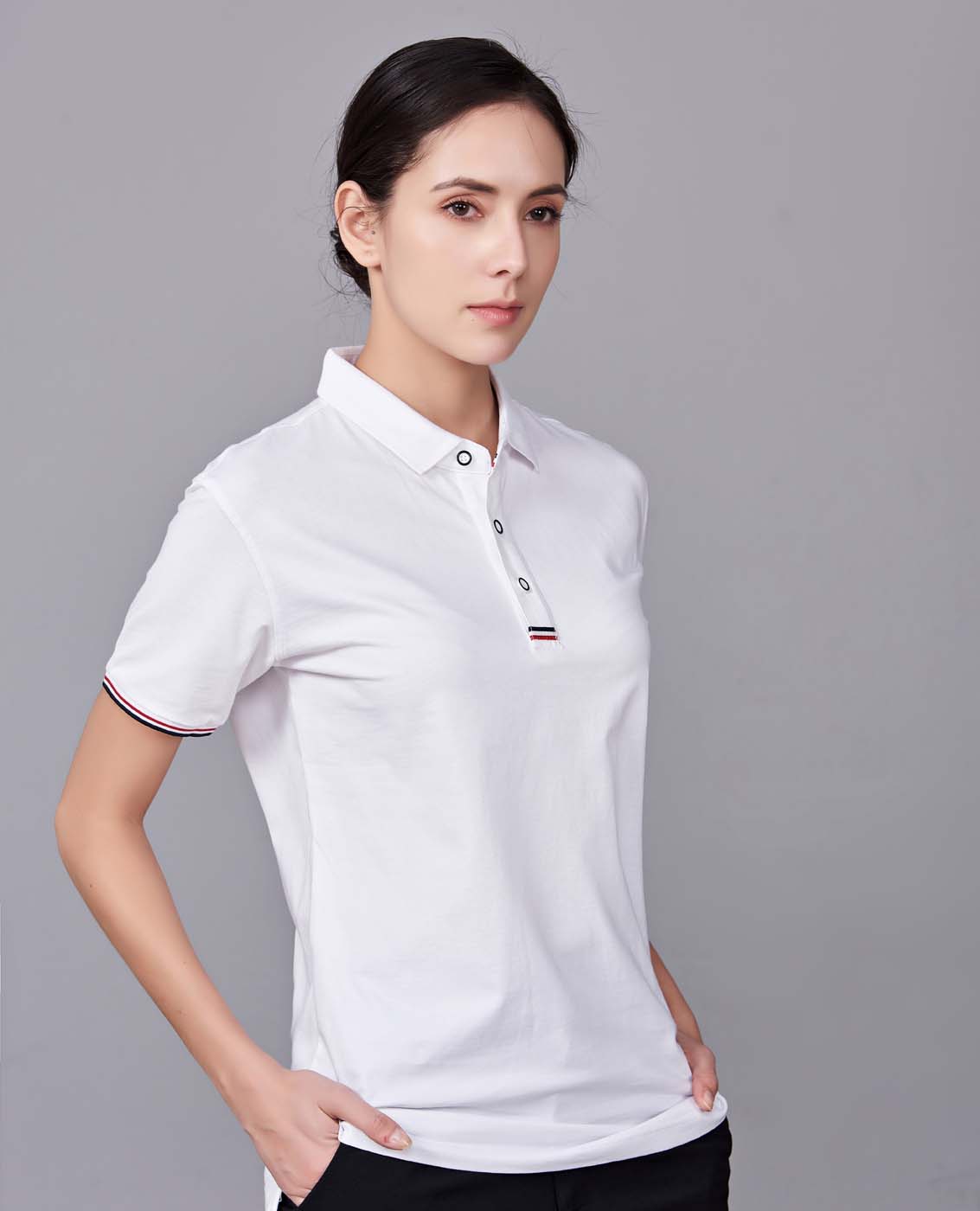 夏季白色男女同款滌棉短袖翻領(lǐng)時尚休閑T恤衫-85681#
