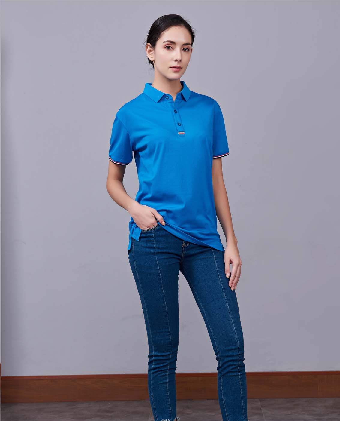 夏季湖藍(lán)色男女同款滌棉短袖翻領(lǐng)時(shí)尚休閑T恤衫-85681#