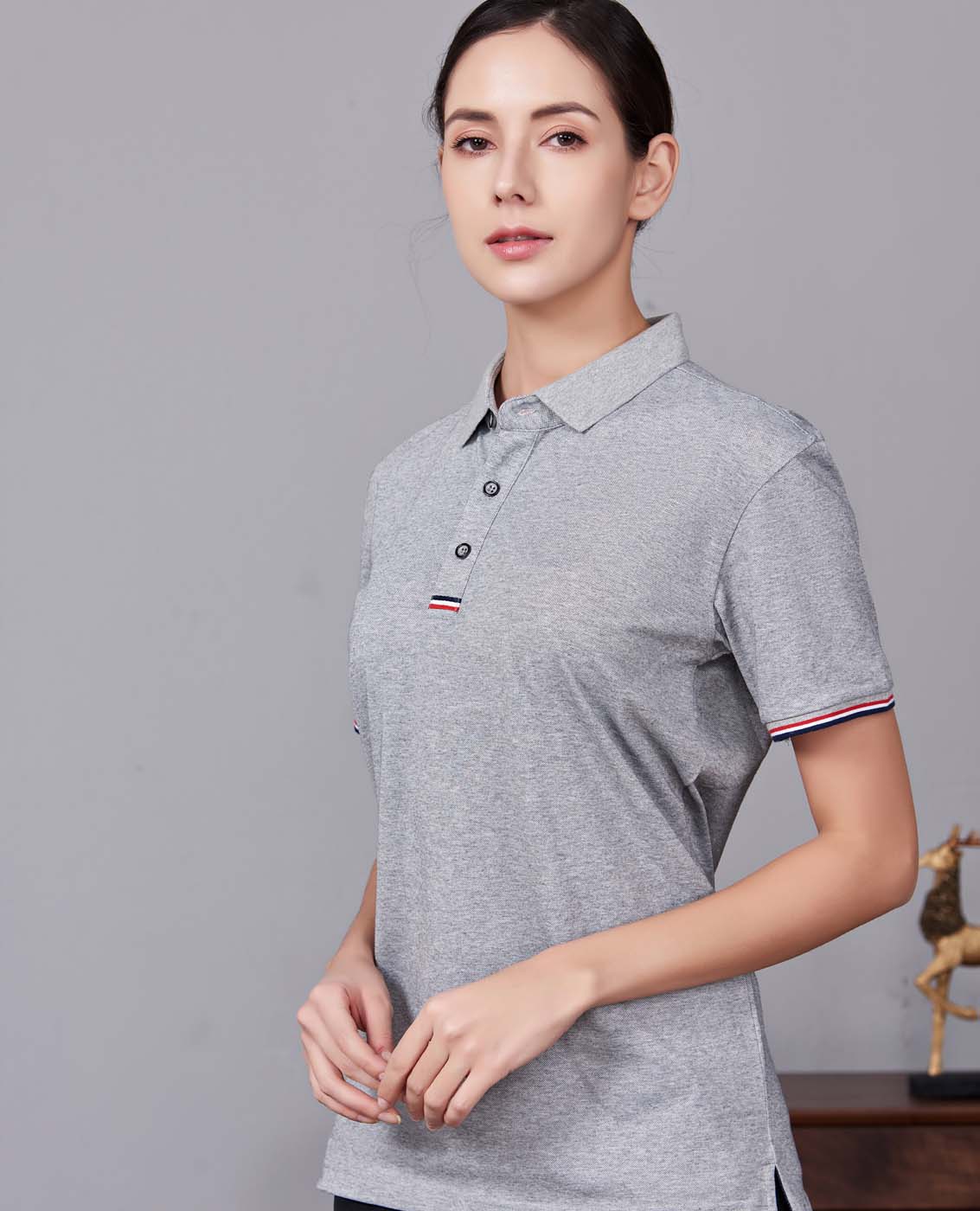 夏季麻灰色男女同款滌棉短袖翻領(lǐng)時(shí)尚休閑T恤衫-85681#